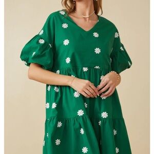 Hayden Emerald Dress with White Floral Accents